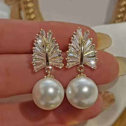 Luxury CZ Imitation Pearl Earrings for Women Silver Color Temperament Elegant Lady Earrings Wedding Party Fashion Jewelry