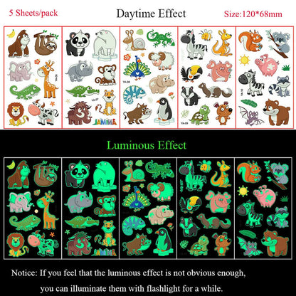 5 Sheets Luminous Tattoo Stickers Temporary Colorful Animal Dinosaur Tattoo Cute Tattoo Stickers Children's Body Tatto
