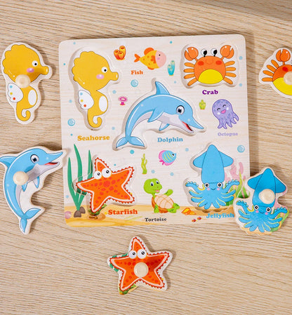 Montessori Wooden Puzzles Cartoon Animal Fruit Hand Grab Board Cognition Jigsaw Puzzle Game Learning Educational Toys For Kids