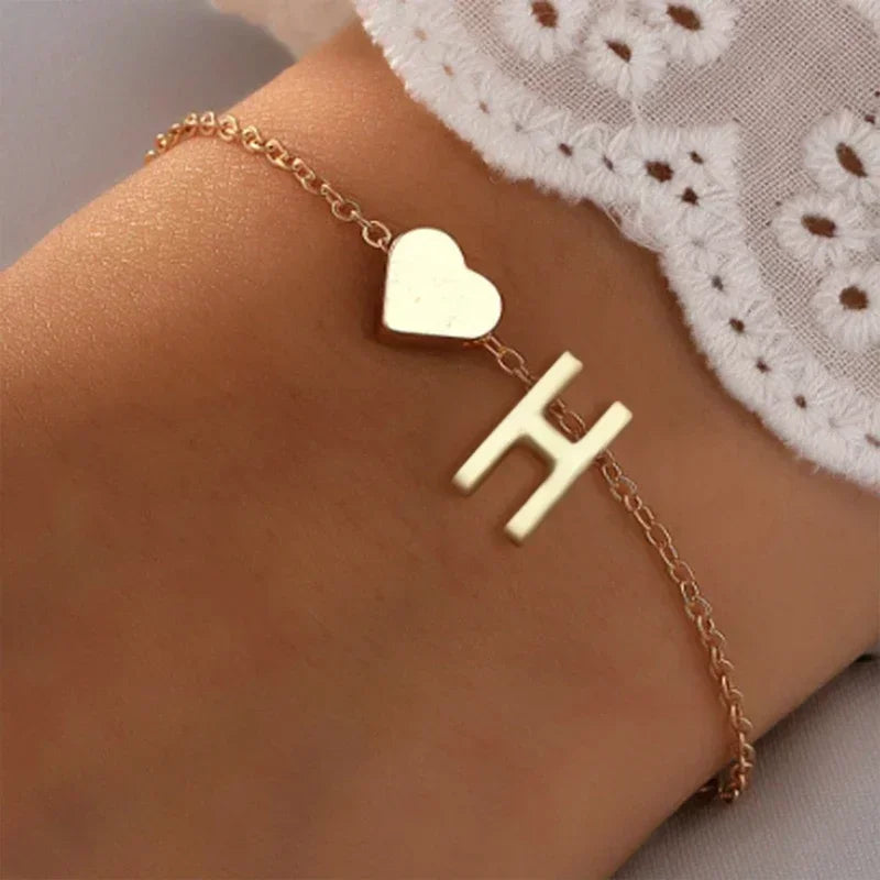 26 English Initial Letter Bracelets for Lovers Women Men DIY Personalized Name Alloy Heart-shaped Bracelets Jewelry Anniversary