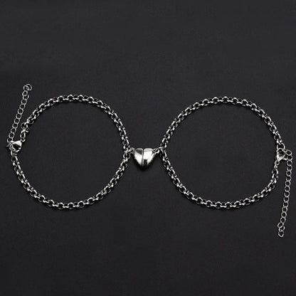 2Pcs/set Magnet Couple Bracelets Heart Attraction Bracelet Sliver Love Charm Simple Cuban Chains Key Lock Jewelry Gifts