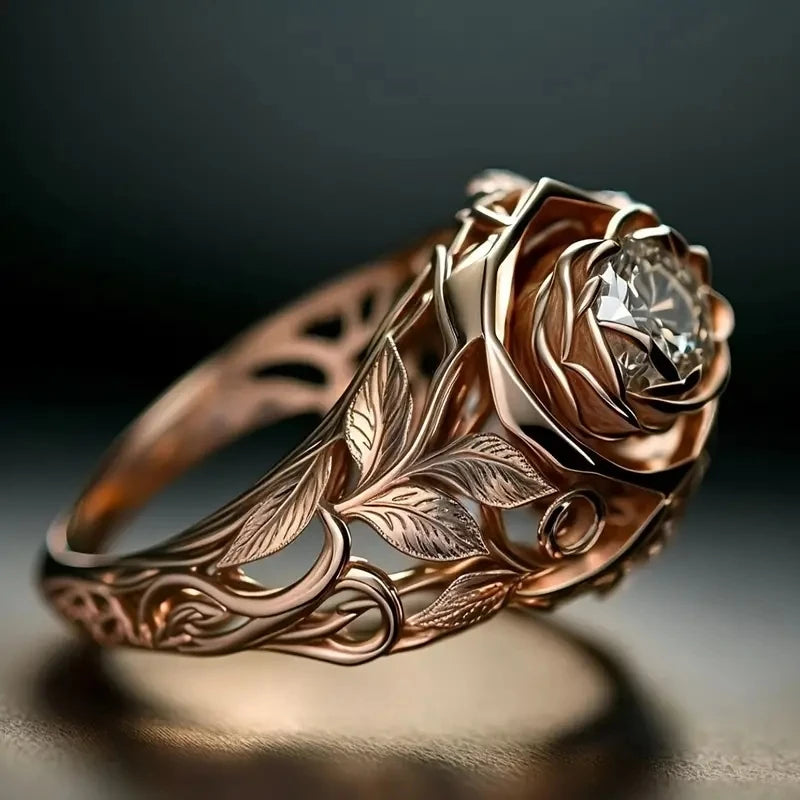 Aesthetic Rose Gold Color Flower Ring Female Engagement Accessories with Bright Zirconia Graceful Wedding Band Jewelry
