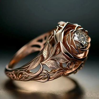 Aesthetic Rose Gold Color Flower Ring Female Engagement Accessories with Bright Zirconia Graceful Wedding Band Jewelry