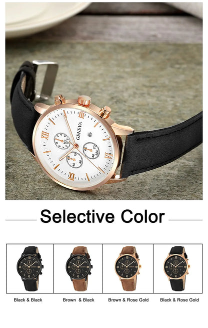 Mens Fashion Business Quartz Watch Fashion Fake Three Eye Six Pin Calendar Mens Watch Leather Belt Mens Watches
