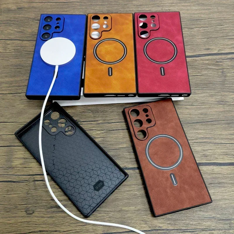 Luxury Matte Leather Case For Samsung Galaxy S25 S24 S23 S22 S21 Ultra Plus FE Note 20 S 23 22 For Magsafe Wireless Full Cover