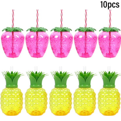 6/10pcs Hawaiian Summer Pineapple Coconut Drinking Cups Strawberry Shaped Juice Drink Cups for Birthday Wedding Beach Pool Party