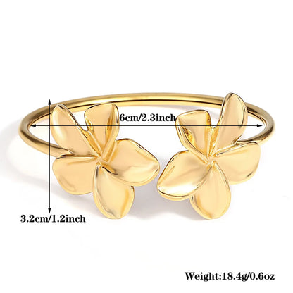 Big Stainless Steel Double Flower Cuff Bracelet Bangle for Women Gold Color Metal Floral Bracelets Waterproof Party Jewelry