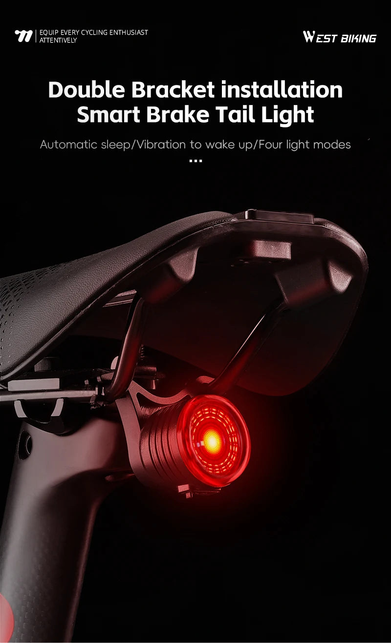 WEST BIKING Smart Brake Bike Tail Light Intelligent Type-C Charging Portable Safety Night Cycling Rear Light Bike Accessories