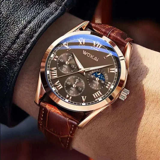 Fashion Business Three-Eye Roman Dial Bamboo Belt Quartz Watch