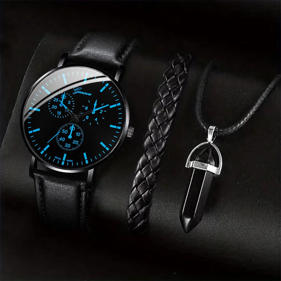 3PCS Fashion Men Business Watches Casual Leather Band Analog Male's Quartz Watch Necklace Bracelet Set Relogios Masculino