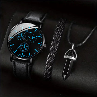 3PCS Fashion Men Business Watches Casual Leather Band Analog Male's Quartz Watch Necklace Bracelet Set Relogios Masculino