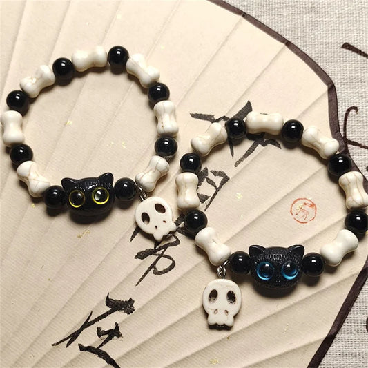 1/2PCS Tassels Big Eye Cat Bracelets for Women Men Sweet Cool Skull Ceramic Beaded Bracelet Aesthetic Party Jewelry Accessories