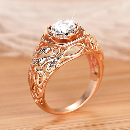 Aesthetic Rose Gold Color Flower Ring Female Engagement Accessories with Bright Zirconia Graceful Wedding Band Jewelry
