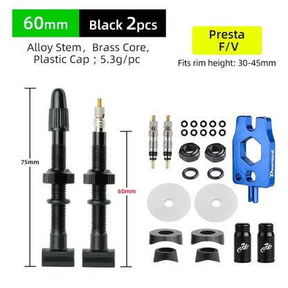 Deemount Presta Nipples Bicycle Tubeless Rim F/V Valves Anodized Aluminum Stem Brass Core Integrated Rectangle Base