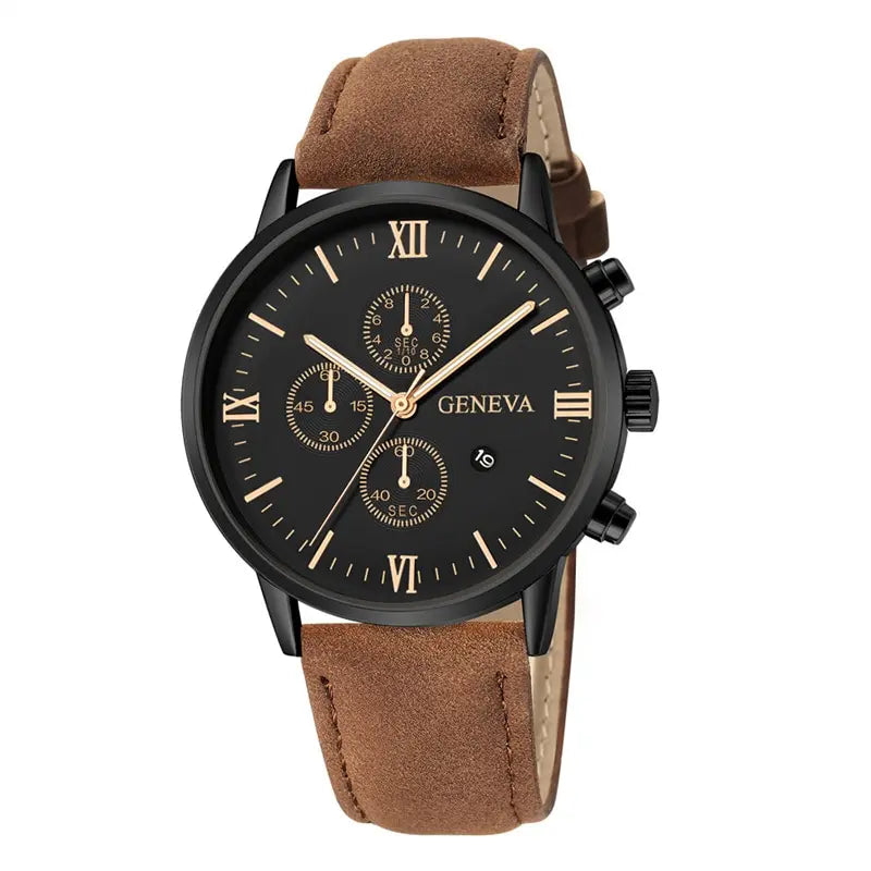 Mens Fashion Business Quartz Watch Fashion Fake Three Eye Six Pin Calendar Mens Watch Leather Belt Mens Watches
