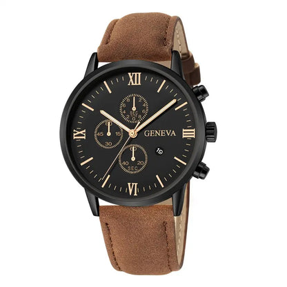 Mens Fashion Business Quartz Watch Fashion Fake Three Eye Six Pin Calendar Mens Watch Leather Belt Mens Watches