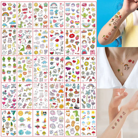 30 Sheets Cute Cartoon Temporary Tattoos for Hands Waterproof Tattoo Stickers for Children Rainbow Fruit Moon Fake Finger Tattoo