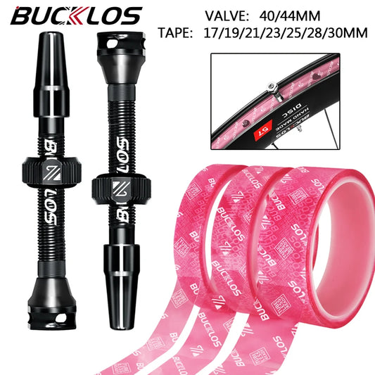 BUCKLOS 40MM 44MM Bike Tubeless Valve CNC Road Bicycle Presta Valve Bicycle Tubeless Rim Tape MTB F/V Valves Wheelset Tape Strip