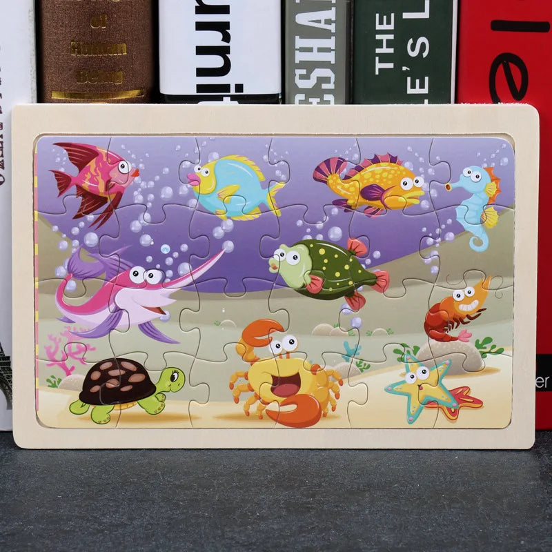 24 Pieces Wooden Puzzles Kids Cartoon Animal Wood Jigsaw Early Educational Learning Toys for Children GIFT