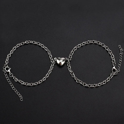 2Pcs/set Magnet Couple Bracelets Heart Attraction Bracelet Sliver Love Charm Simple Cuban Chains Key Lock Jewelry Gifts