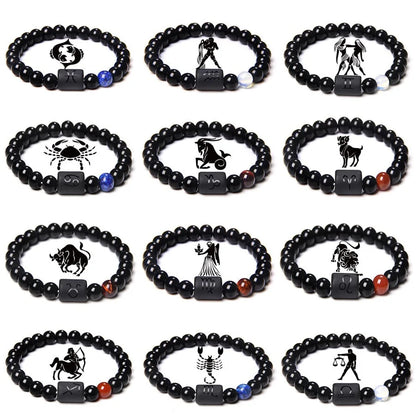 FTCY 10mm Zodiac Yellow Tiger Eye Stone Bracelet for Men Women Black Agate Crystal Elastic Cord Hand Chains Couple’s Jewelry