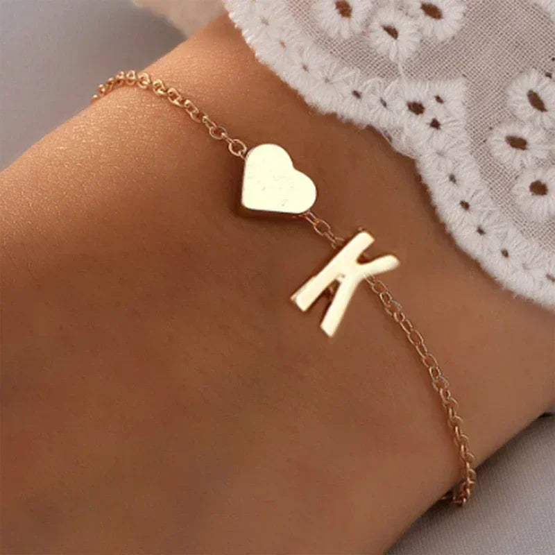 26 English Initial Letter Bracelets for Lovers Women Men DIY Personalized Name Alloy Heart-shaped Bracelets Jewelry Anniversary