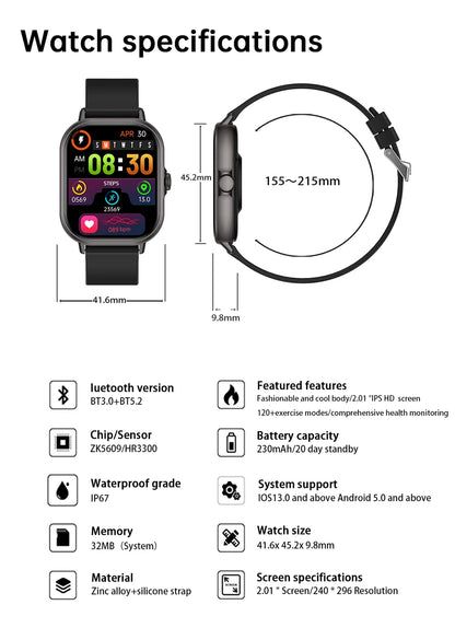 2024 2.01'' Smart Watch Bluetooth Call Play Music Smartwatch Fitness Sport Waterproof Watches for Men Women iPhone Android