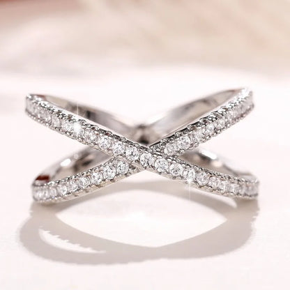 Simple Stylish Cross Shape Cubic Zirconia Rings for Women Fashon Female Finger Accessory Wedding Bands Statement Jewelry