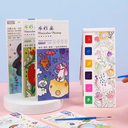 Portable Watercolor Painting Book 12 Sheets Coloring Book With Paint Brush Gouache Book Kids Graffiti Picture Drawing Toys