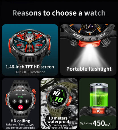 Outdoor Military Smart Watch Men's With LED lighting Bluetooth Call Smartwatch 3ATM IP68 Waterproof Compass Sports Fitness Watch