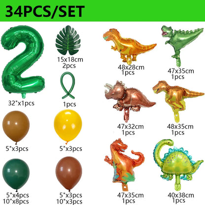 34Pcs 1 2 3 Years Dinosaur Birthday Party Dino Balloons Palm Leaf Set First Bthday Boy Party Kids Baby Shower Jungle Safari Deco