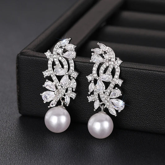 Elegant Lady Wedding Earrings with Simulated Pearl Graceful Accessories for Engagement Brilliant Zirconia Pendant Jewelry