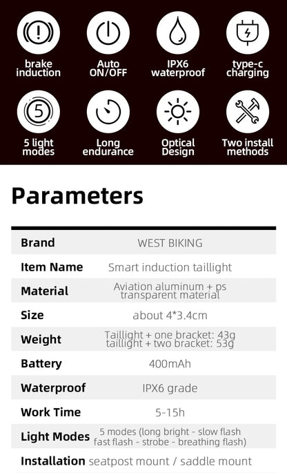 WEST BIKING Bike Rear Light Smart Brake Sensing Light Bicycle Tail Light Type-C Charging Taillight Road Cycling Accessories