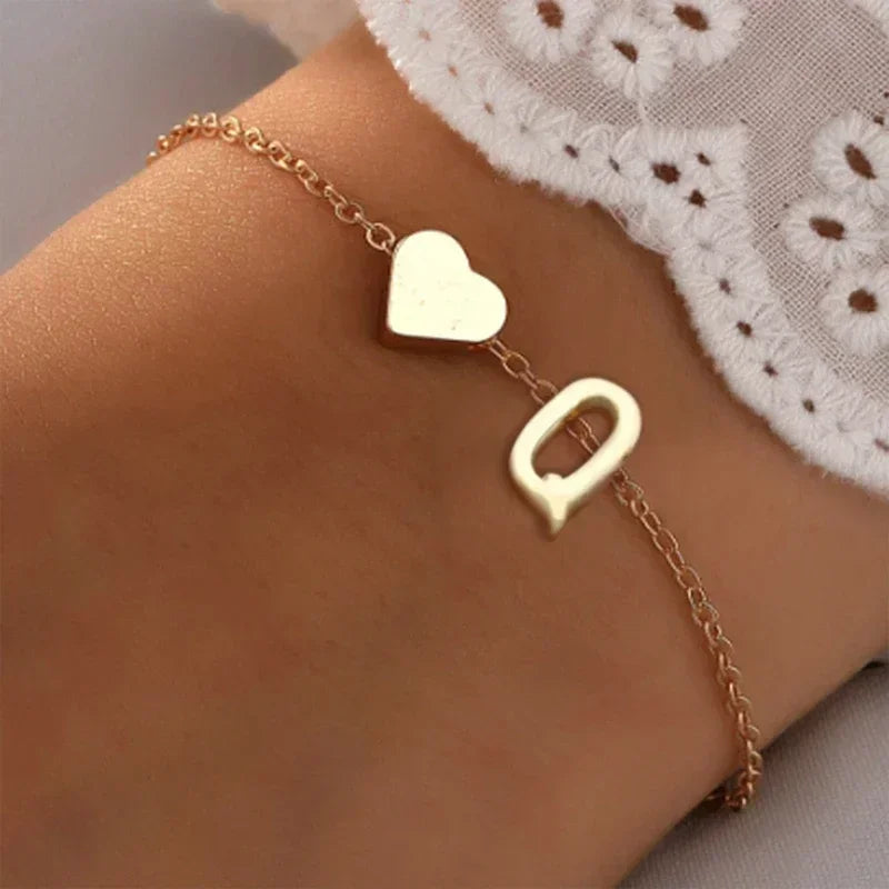 26 English Initial Letter Bracelets for Lovers Women Men DIY Personalized Name Alloy Heart-shaped Bracelets Jewelry Anniversary