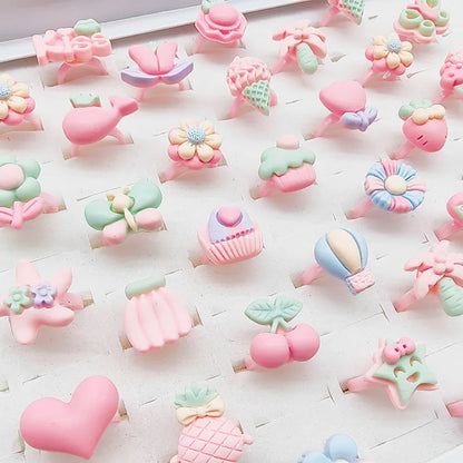 30pcs/Lot Wholesale Child Open Design Resin Candy Flower Finger Rings Plastic Pink Kid Ring Children Party Gifts Birthday Girls