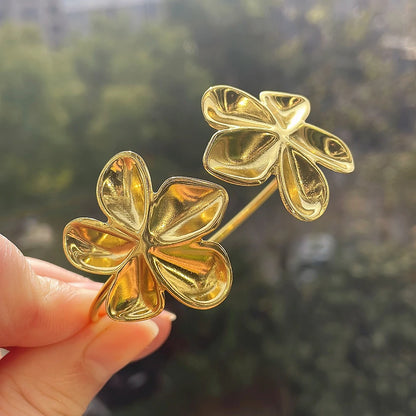 Big Stainless Steel Double Flower Cuff Bracelet Bangle for Women Gold Color Metal Floral Bracelets Waterproof Party Jewelry