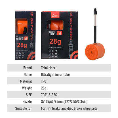 ThinkRider Ultralight Bike Inner Tube 700 x 18 25 28 32 Road MTB Bicycle TPU Material Tire 65mm Length French Valve Super Light