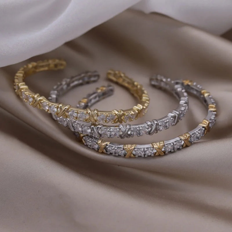 2024 French new design fashion jewelry two-color plated zircon letter X opening bracelet elegant women's daily work accessories