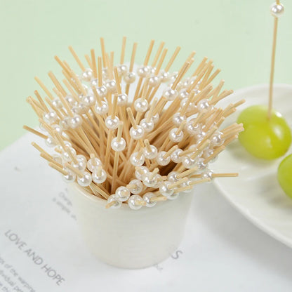 100pcs Wedding Party Pearl Disposable Skewers Food Fruit Picks Bamboo Cocktail Buffet Cake Toothpick Wedding Birthday Supplies