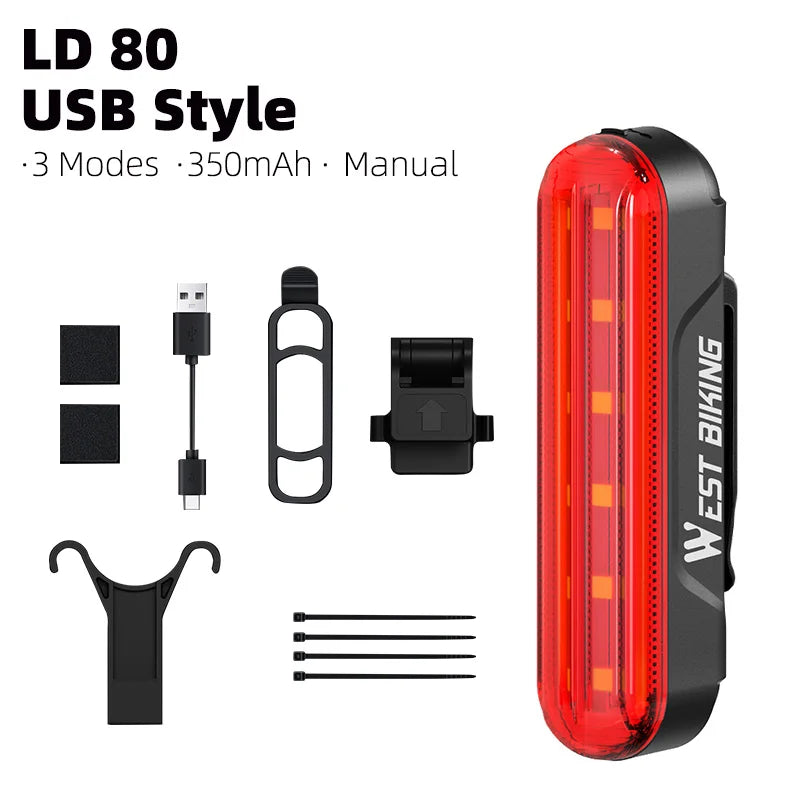 WEST BIKING Bike Taillight Laser Brake Sensing Rear Light IPX5 Waterproof USB Charging Bike Light MTB Road Bicycle Accessories