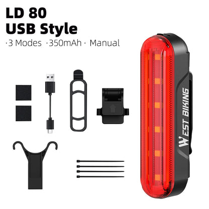 WEST BIKING Bike Taillight Laser Brake Sensing Rear Light IPX5 Waterproof USB Charging Bike Light MTB Road Bicycle Accessories