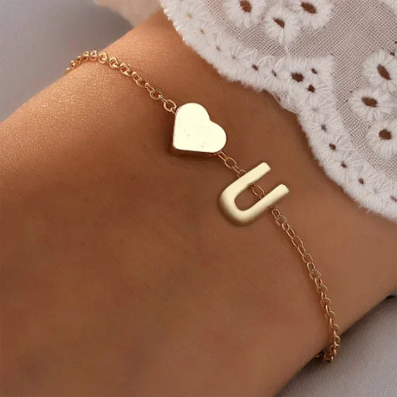 26 English Initial Letter Bracelets for Lovers Women Men DIY Personalized Name Alloy Heart-shaped Bracelets Jewelry Anniversary