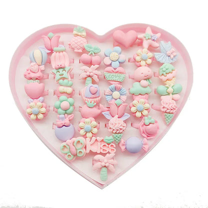 30pcs/Lot Wholesale Child Open Design Resin Candy Flower Finger Rings Plastic Pink Kid Ring Children Party Gifts Birthday Girls