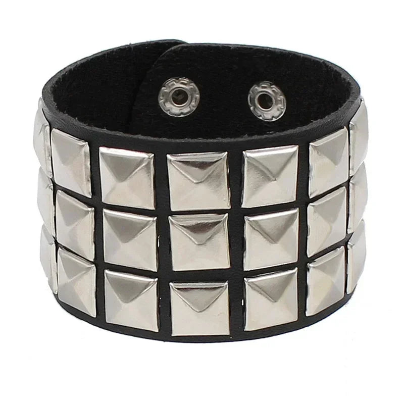 New Punk Fashion Men Black Cuff Leather Bracelet Wristband Metal Rivets Stud Charm Bangle for Women Rock Gothic Jewelry 2024