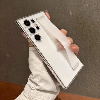 Luxury Ultra-Thin Matte Elastic Silicone Wrist Strap Shockproof Case For Samsung S25 Edge S24 S23 Ultra Plus PC Hard Clear Cover