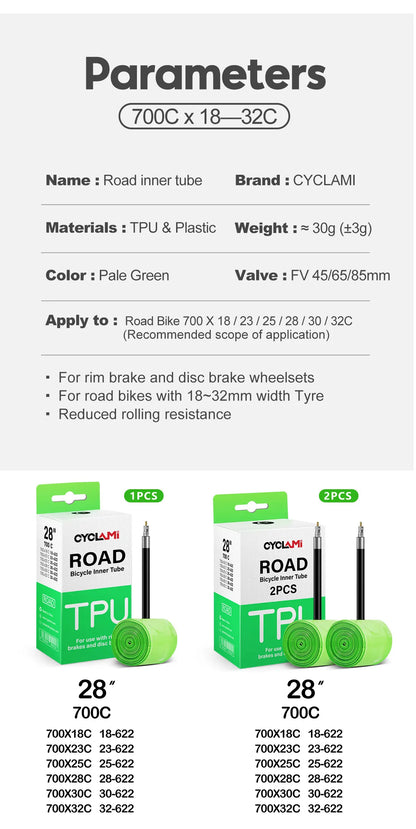 Ultralight Bike Inner Tube 700c Road Bicycle TPU Inner Tube 700C x 18 23 25 28 30 32 French Valve Bike inner Tubes CYCLAMI