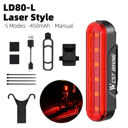 WEST BIKING Bike Taillight Laser Brake Sensing Rear Light IPX5 Waterproof USB Charging Bike Light MTB Road Bicycle Accessories