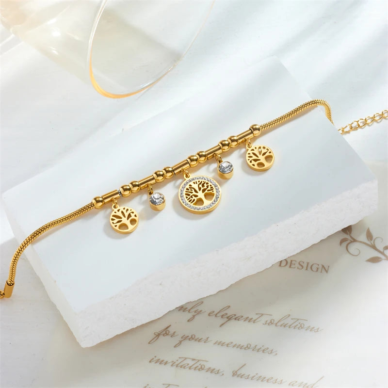 XIYANIKE 316L Stainless Steel Bracelet Golden Life Tree White Zircon Pendant Accessories for Women Simple Jewelry Gift Pulsera