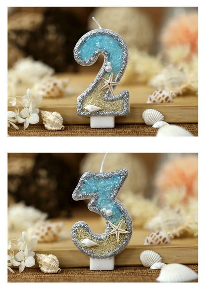 3inch Birthday Candle Large Number 4 Candle Marine style Beach Starfish Seashells Cake Topper for Kids Birthday Party Decoration
