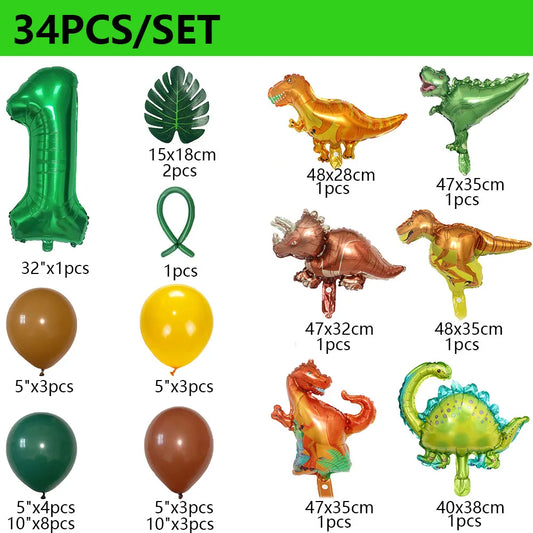34Pcs 1 2 3 Years Dinosaur Birthday Party Dino Balloons Palm Leaf Set First Bthday Boy Party Kids Baby Shower Jungle Safari Deco